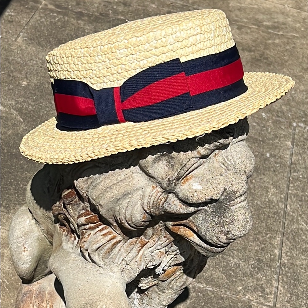 SCALA Straw Boater Hat with Red and Blue Ribbon - Picture 1 of 15